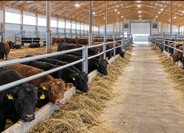 Black and red beef cattle eating hay at a long feed rail beside a clean feed alley in a bright, modern cattle barn