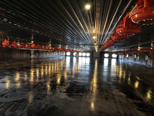 Freshly washed poultry barn with a gleaming wet floor, pan feeders raised and tunnel fans glowing at the far end
