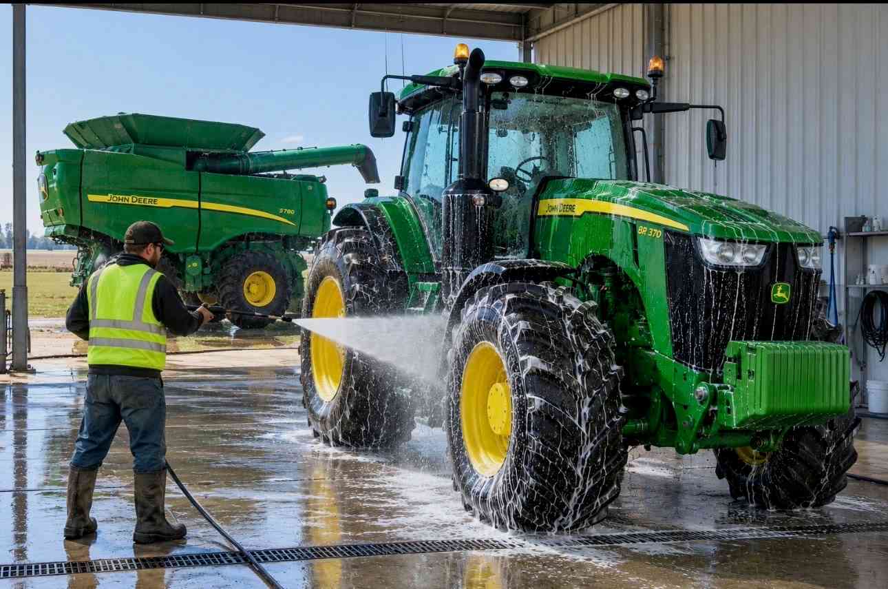 A worker in a hi-vis vest pressure-washing a green tractor on a wash pad, a combine behind