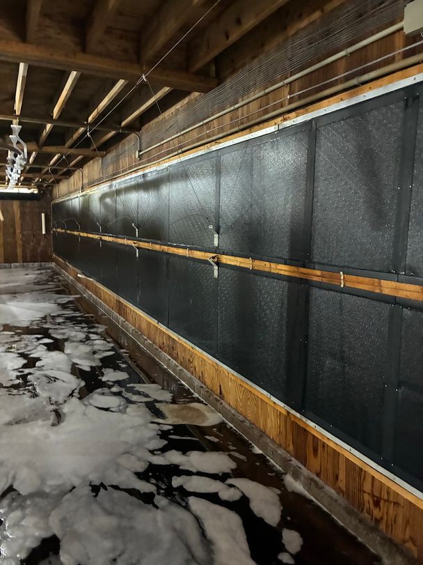 Washed poultry barn side wall with closed tunnel inlet doors and white foam covering the concrete floor