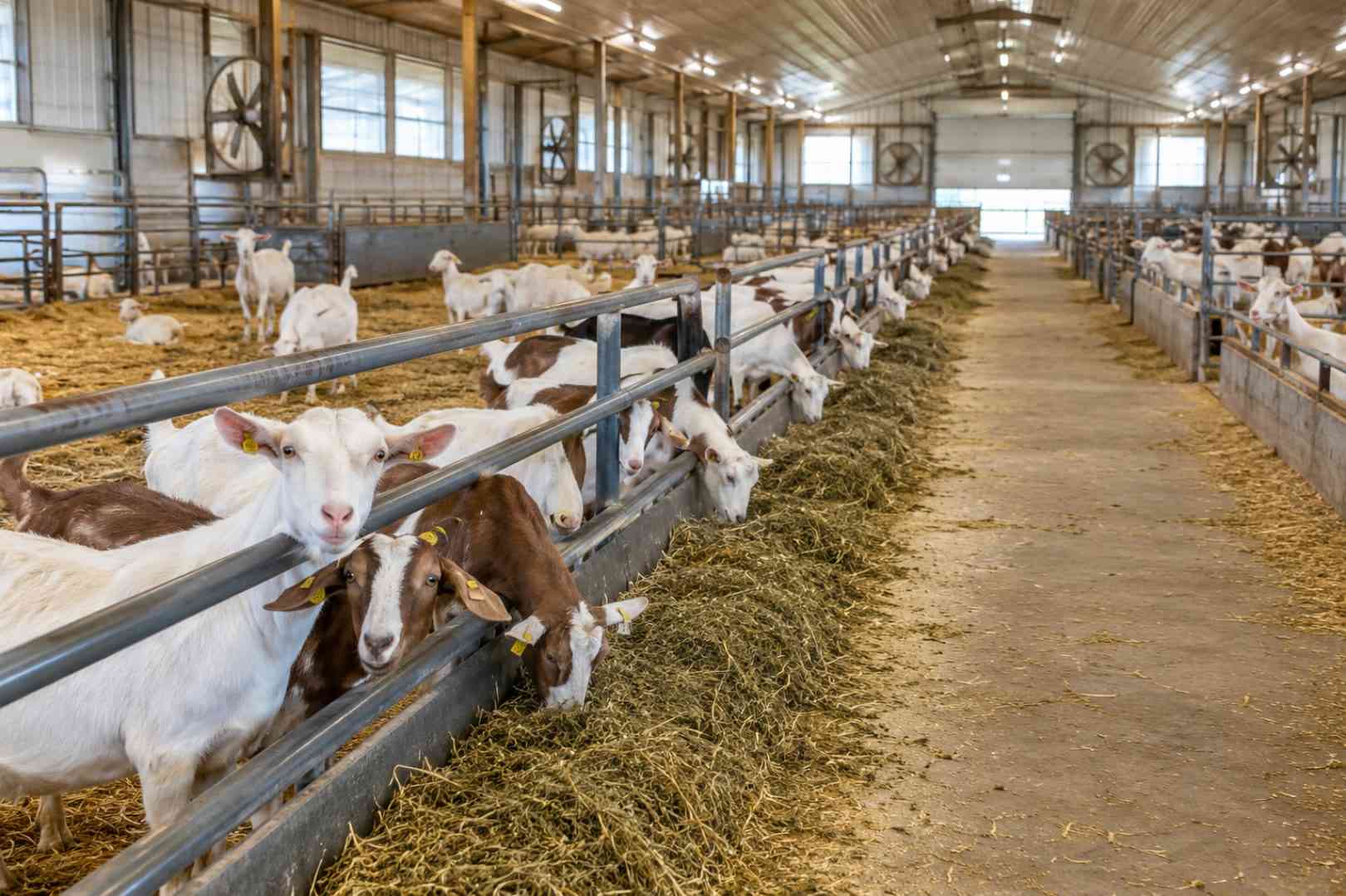 Dairy goats eating hay at a long feed rail beside a clean feed alley in a bright, modern goat barn